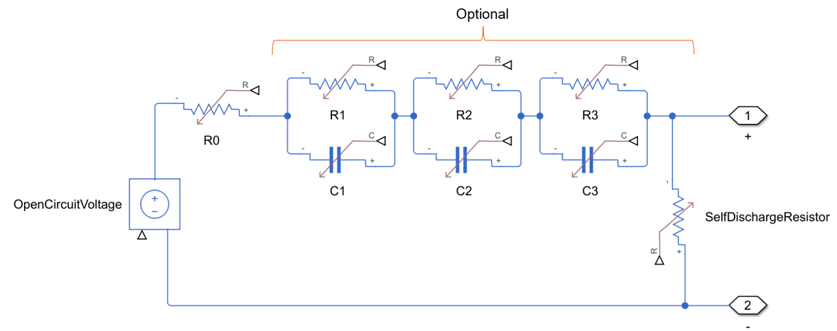 Equivalent circuit of a battery cell with an internal self-discharge leakage resistance in parallel with the cell.
