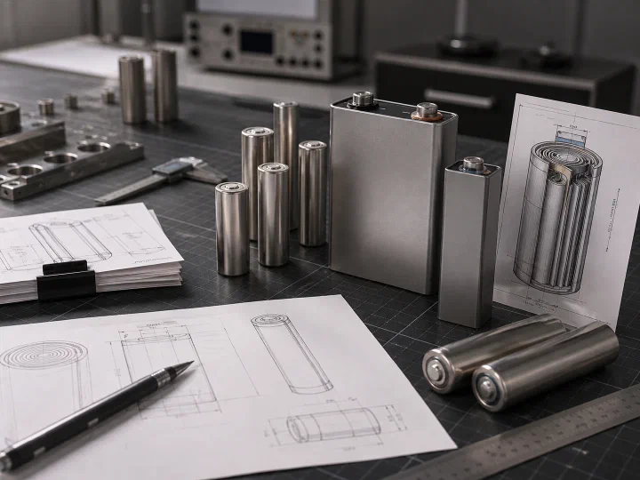 Cylindrical and prismatic battery cells beside technical drawings