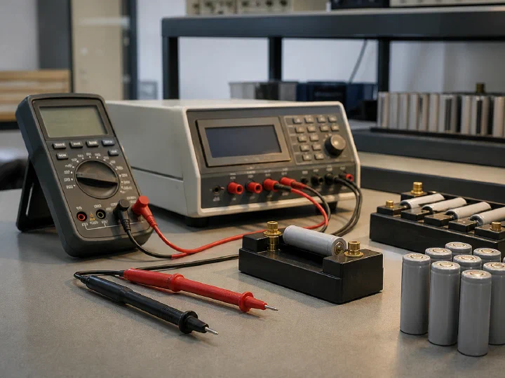 Battery cells and diagnostic instruments on a test workbench
